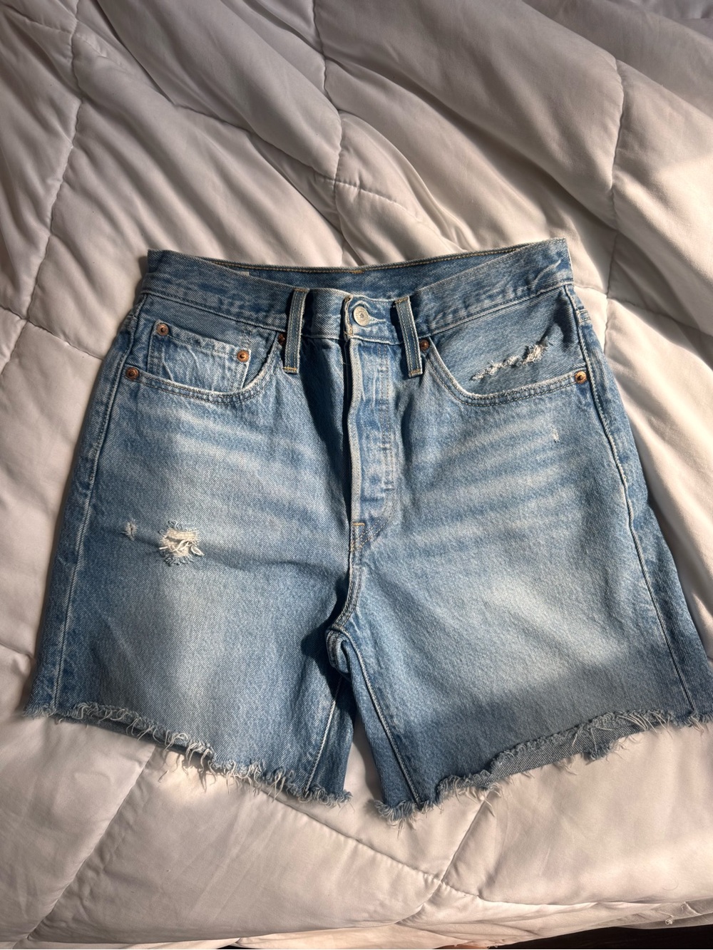 Levi's Light Blue Distressed High-Rise Denim Shorts